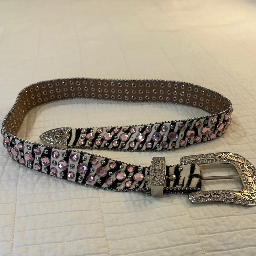 Vintage Western Studded Leather Belt Zebra Pink Rhinestone Rodeo Cowgirl